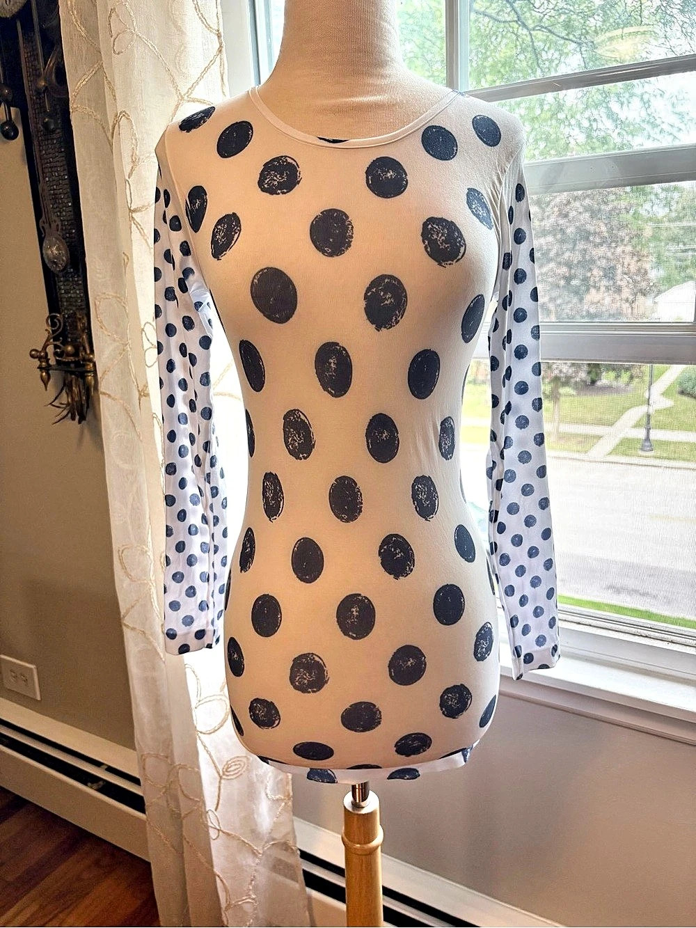 AMB Polka Dot Long Sleeve Top in White & Blue, One Size — EUC